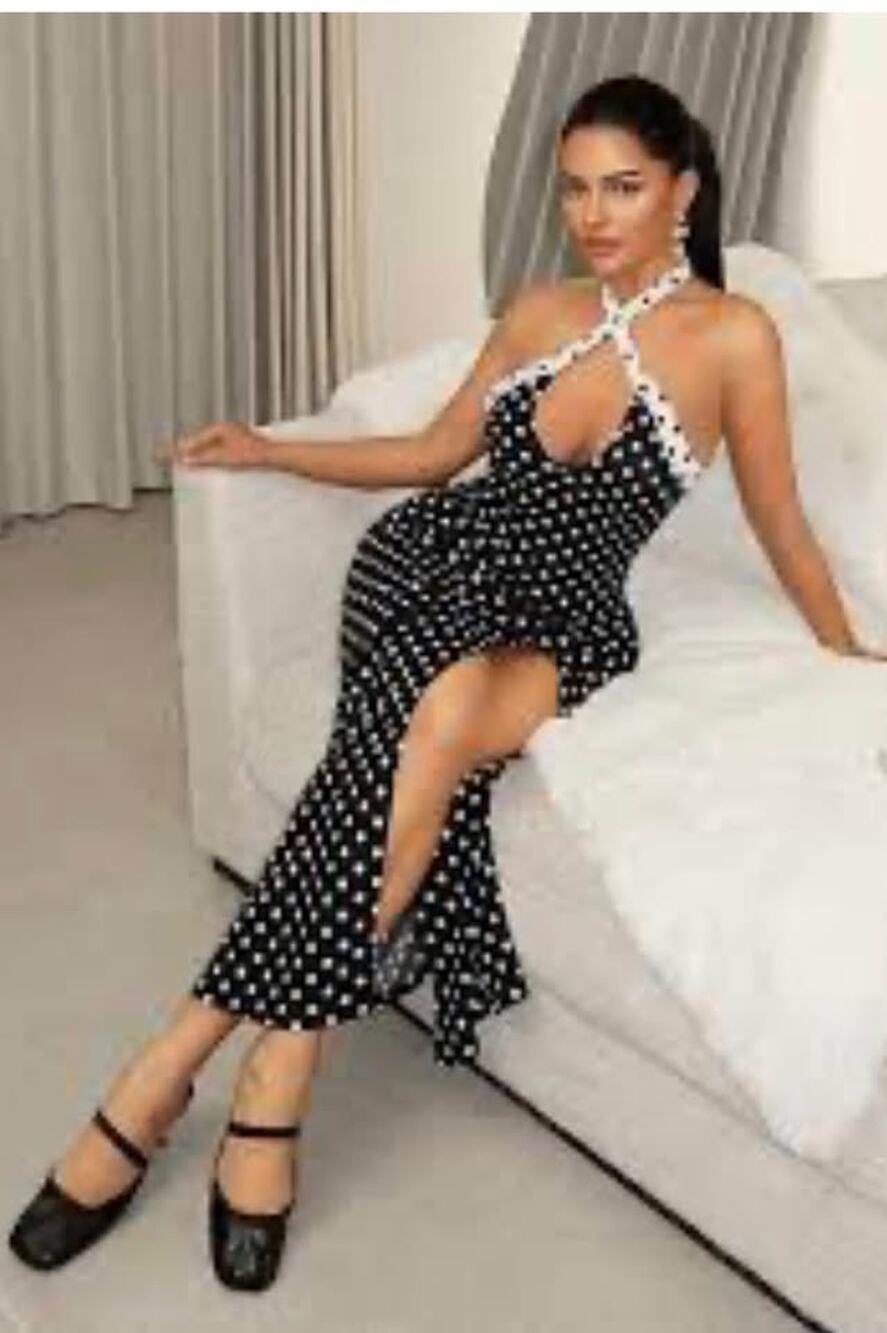 Polka Dot Halter Neck Maxi Dress with Slit
